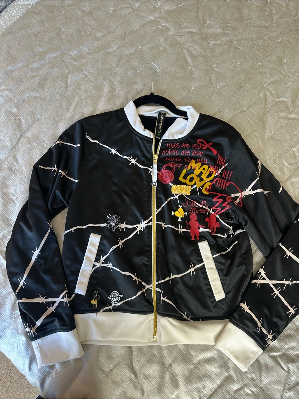 Vintage Y2K Black Barbed Wire Graphic Bomber Heartbreaker Jacket with White Trim